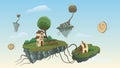 Soaring rocks-islands in the clear sky. Vegetation grass and trees, house, observatory telescope, shell stones. Fantasy, cartoon.