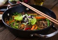 Soba noodles with beef, carrots, onions. Royalty Free Stock Photo