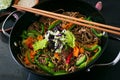 Soba noodles with beef, carrots, onions. Royalty Free Stock Photo