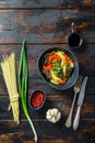 Soba noodles with beef, carrots, onions and sweet peppers. Top view Royalty Free Stock Photo