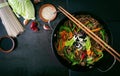 Soba noodles with beef, carrots, onions. Royalty Free Stock Photo