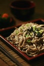 Soba noodles with shredded seaweed. Conceptual image