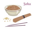 Soba set. Raw and boiled buckwheat soba noodles in bowl isolated on white background. Vector illustration of japanese food