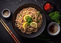 Soba traditional japanese buckwheat noodles with chopsticks.Top view.Macro.AI Generative