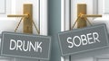 Sober or drunk as a choice in life - pictured as words drunk, sober on doors to show that drunk and sober are different options to