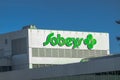 A Sobeys sign on a building. The second largest supermarket chain in Canada