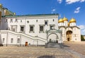 Sobornaya square of Moscow Kremlin with cathedral of Dormition Uspensky Sobor and palace of Facets Granovitaya Palata, Russia