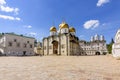 Sobornaya square of Moscow Kremlin with cathedral of Dormition Uspensky Sobor, Patriarshy cathedral and palace of Facets