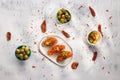 Sobrasada bread spread with olives, dried tomatoes and red, green and yellow chilli Royalty Free Stock Photo