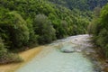 The beautiful turquoise Soca river in the green forest, Bovec, Slovenia, Europe. Royalty Free Stock Photo