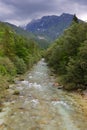 The beautiful turquoise Soca river in the green forest, Bovec, Slovenia, Europe. Royalty Free Stock Photo
