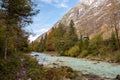 The Soca river flowing through a wild mountain landscape of the Julian Alps in Slovenia Royalty Free Stock Photo