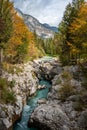 The Soca river flowing through a wild mountain landscape of the Julian Alps in Slovenia Royalty Free Stock Photo