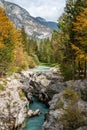 The Soca river flowing through a wild mountain landscape of the Julian Alps in Slovenia Royalty Free Stock Photo