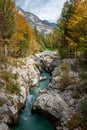 The Soca river flowing through a wild mountain landscape of the Julian Alps in Slovenia Royalty Free Stock Photo