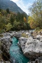 The Soca river flowing through a wild mountain landscape of the Julian Alps in Slovenia Royalty Free Stock Photo