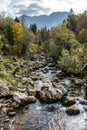 The Soca river flowing through a wild mountain landscape of the Julian Alps in Slovenia Royalty Free Stock Photo