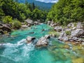 Soca Valley, Slovenia - Aerial view of the emerald alpine river Soca with rafting boats going down the river Royalty Free Stock Photo