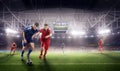 Soccer action on 3d sport arena. mature players fight for the ball. Royalty Free Stock Photo