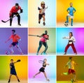 Soccer and american football, hockey, taekwondo, tennis, fitness, boxing. Collage of different little sportsmen in