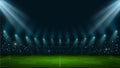 Soccer arena. Realistic european football stadium with grass field, lights and spotlights. 3d ball sport game playground