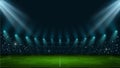 Soccer arena. Realistic european football stadium with grass field, lights and spotlights. 3d ball sport game playground vector