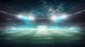 Soccer arena. Realistic european football stadium with grass field, lights and spotlights. Banner sport