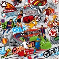 Soccer background. Seamless pattern. Football attributes, football figures of various teams on a gray background