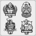 Soccer badges, labels and design elements. Sport club emblems with ancient warriors. Print design for t-shirt. Royalty Free Stock Photo