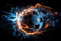 Soccer ball in action, The ball travels with lightning speed and glowing orange flame effects. Fire soccer ball effect Royalty Free Stock Photo