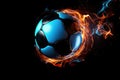 Soccer ball in action, The ball travels with lightning speed and glowing orange flame effects. Fire soccer ball effect Royalty Free Stock Photo
