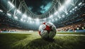 A soccer ball adorned with autographs lies on a lush pitch, with a stadium's vibrant atmosphere as the backdrop. Royalty Free Stock Photo