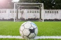 Soccer ball on Artificial turf football field green white grid