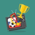 Soccer ball and awards on television with russia flag background Royalty Free Stock Photo