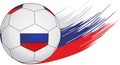 Soccer ball on the background of streaks in the form of the Russian flag.