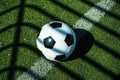 Soccer ball black and white on artificial ground ground with shadows stripes, on the line Royalty Free Stock Photo