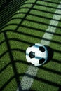 Soccer ball black and white on artificial ground ground with shadows stripes, on the line Royalty Free Stock Photo