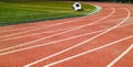 Soccer ball black and white classic with lines on green artificial grass at  outdoor football  stadium Royalty Free Stock Photo