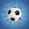 Soccer ball on blue background with sport sketches