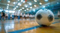 Soccer ball on a blue indoor sports court with players in the background. Royalty Free Stock Photo