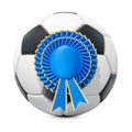 Soccer ball with blue winning award, badge. 3D rendering