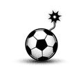 Soccer ball bomb with a burning fuse. Black vector football bomb logo idea with noise texture.