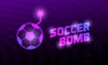 Soccer ball bomb with a burning fuse. Neon vector football bomb banner template.