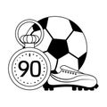 Soccer ball with boot and timer sport cartoons in black and white