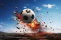 Soccer ball breaking through the ground with fire and blurred background Royalty Free Stock Photo