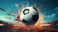 Soccer ball breaking through the ground with high speed at center of the field