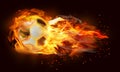 Soccer ball with bright flame flying on background