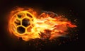 Soccer ball with bright flame flying on background