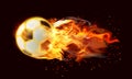 Soccer ball with bright flame flying on background