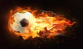 Soccer ball with bright flame flying on background